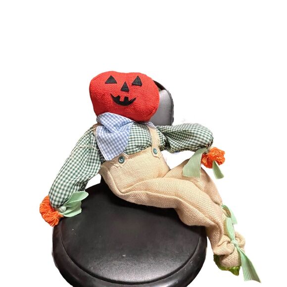 Folk Art Pumpkin Doll Jack O’Lantern Handmade Burlap Wire Gingham Primitive - Picture 2 of 14